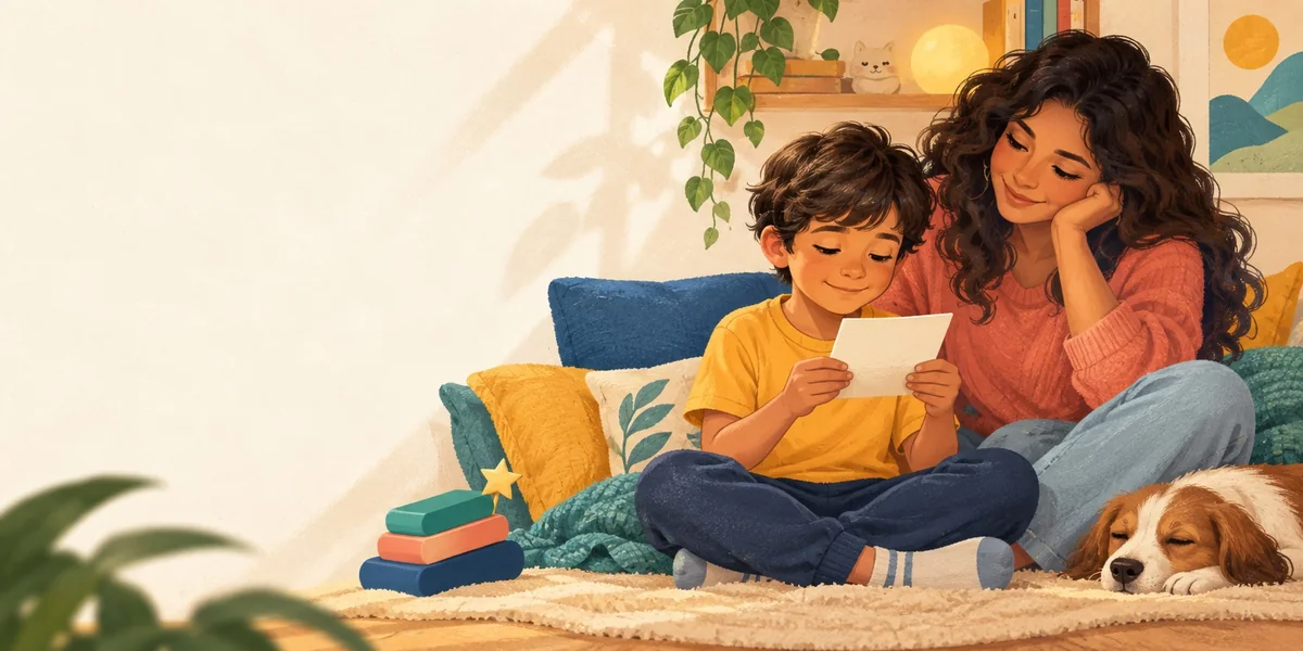 Mãe acompanha o filho durante uma leitura em casa