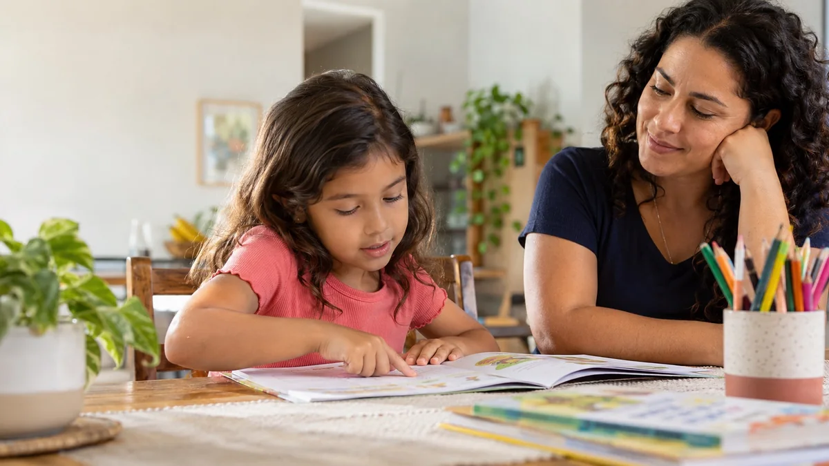 Cena ilustrativa de uma criança praticando leitura em casa acompanhada pela mãe